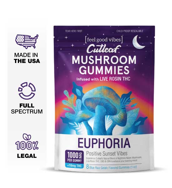 Euphoria-Gummies-BlueRazzGelato-I-3 CUTLEAF EUPHORIA MUSHROOM GUMMIES LIVE ROSIN THC - Image 1